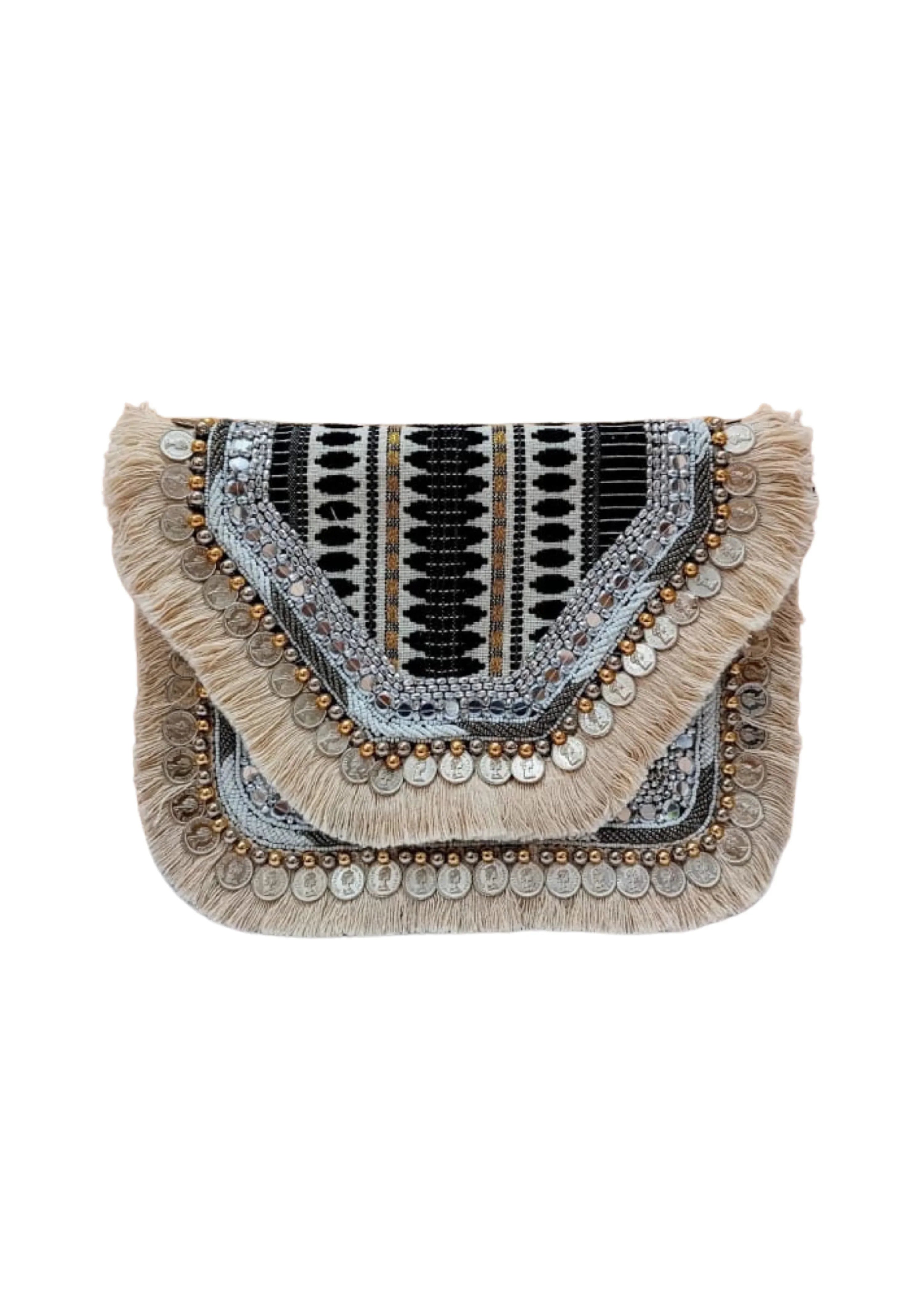 Athira - Monochrome Beige Fringe - Banjara Bags