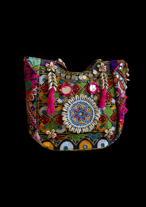 Aaliyah Designer Tote - Cowrie Shell and Micro-bead Medallion - Banjara Bags