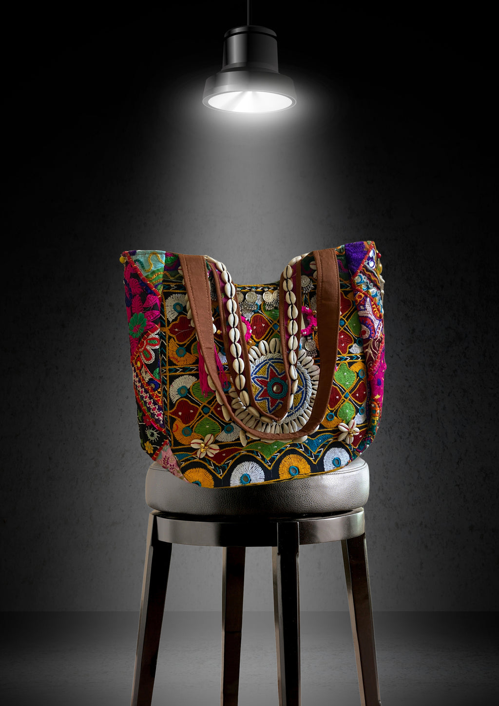 Aaliyah Designer Tote - Cowrie Shell and Micro-bead Medallion - Banjara Bags