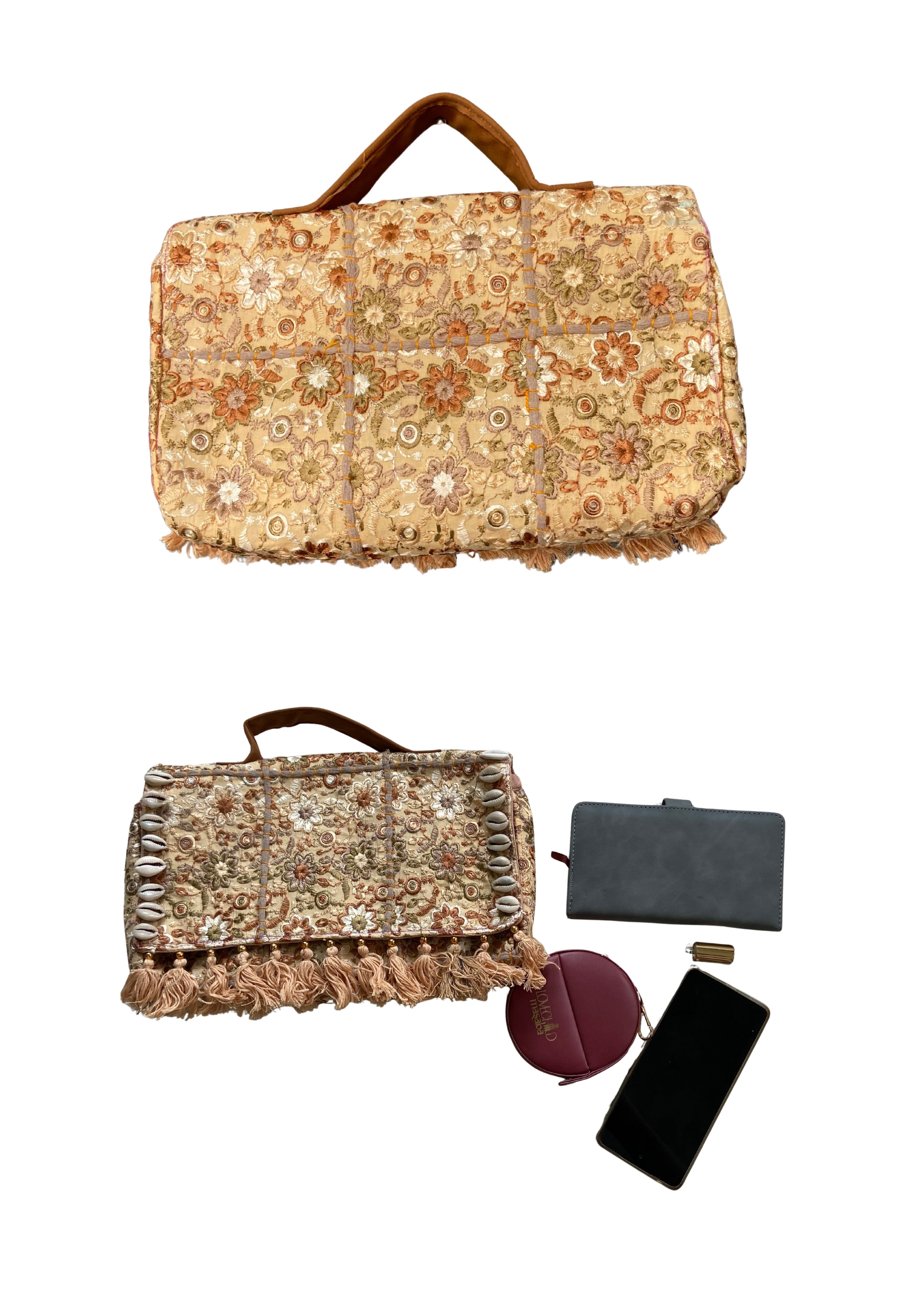 Ruhi - Luxury Handheld in Beige Floral - Banjara Bags