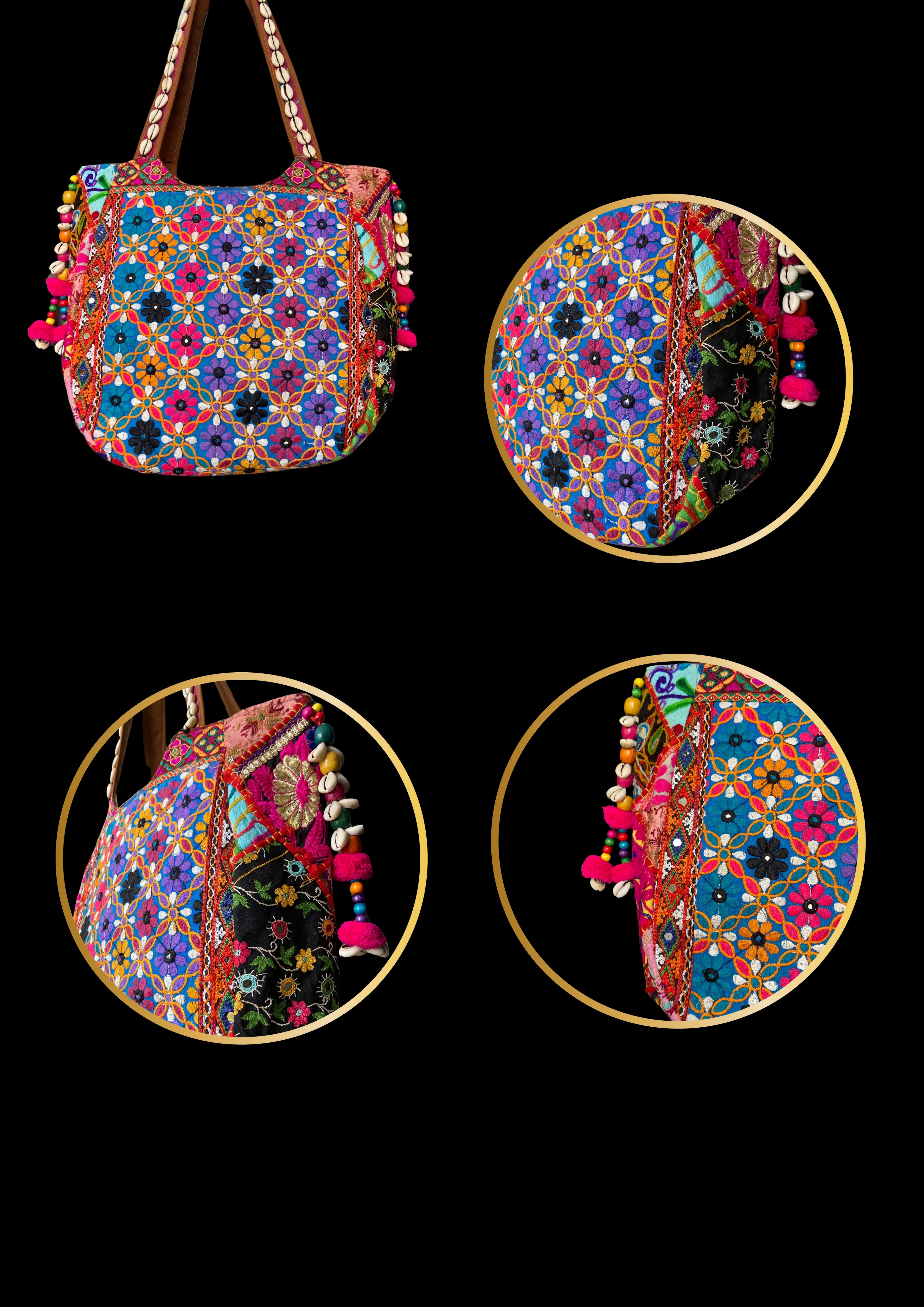 Aaliyah Designer Tote - Cowrie Shell and Micro-bead Medallion - Banjara Bags
