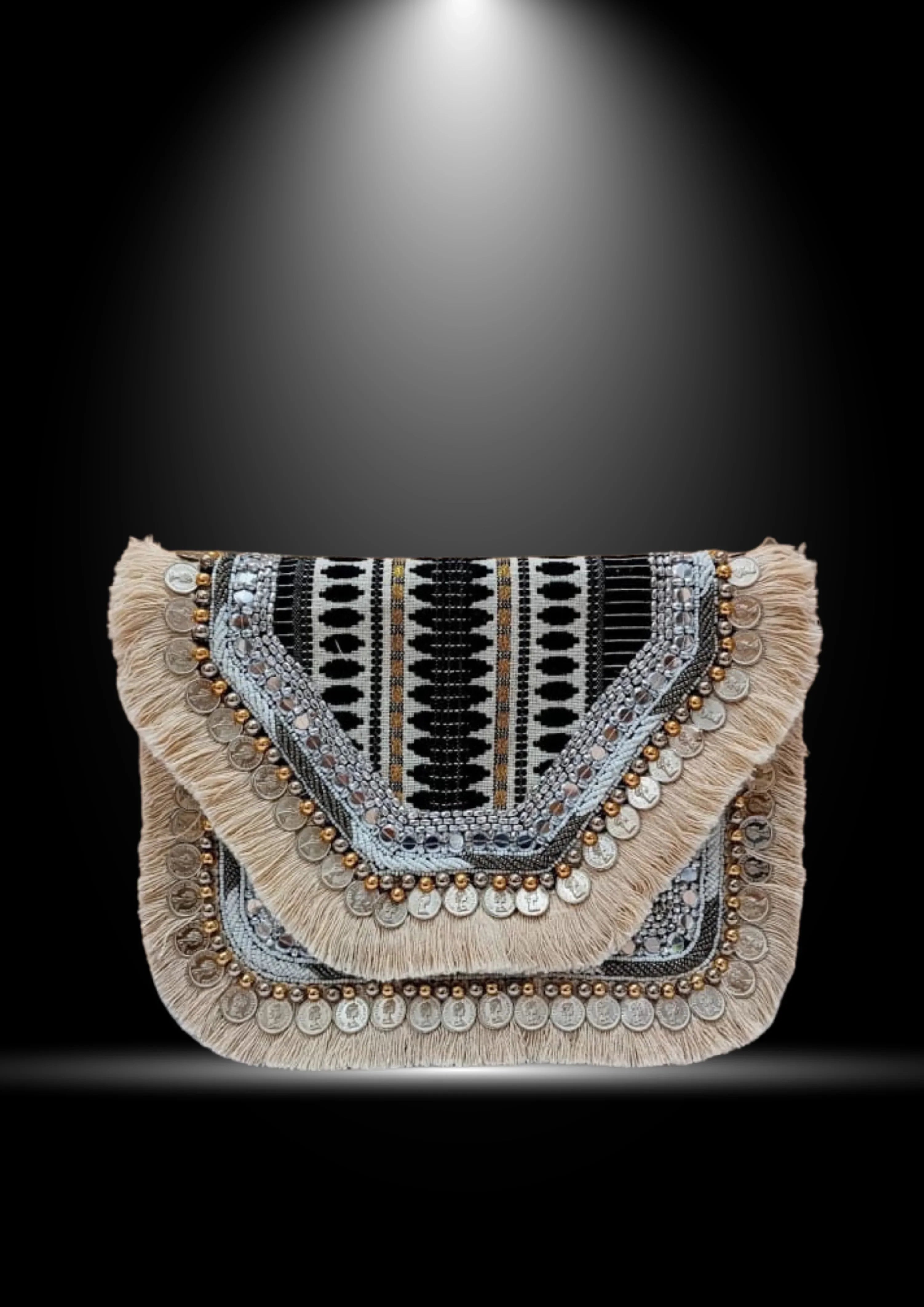 Athira - Monochrome Beige Fringe - Banjara Bags