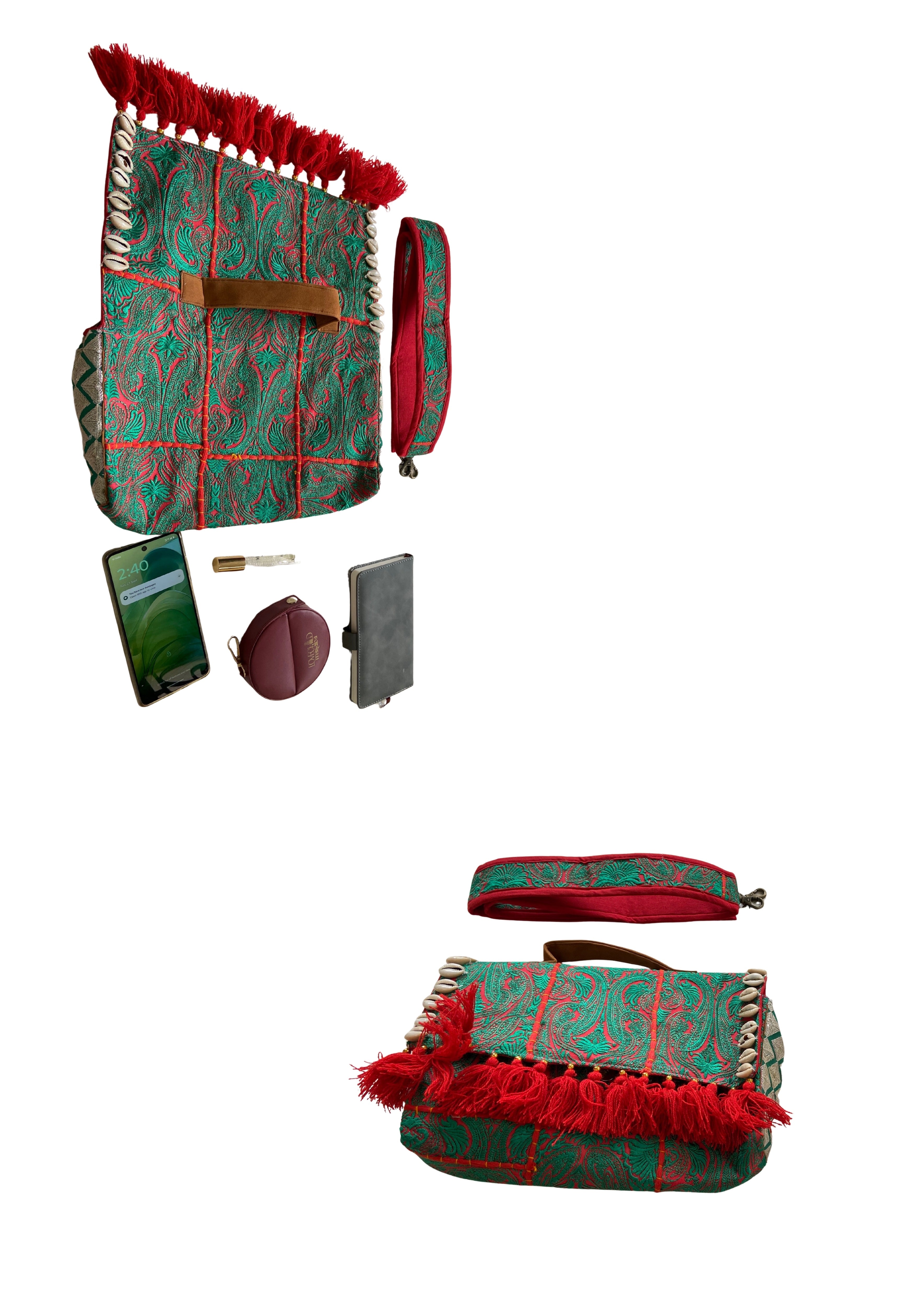 Ruhi - Luxury Handheld in Green and Orange - Banjara Bags