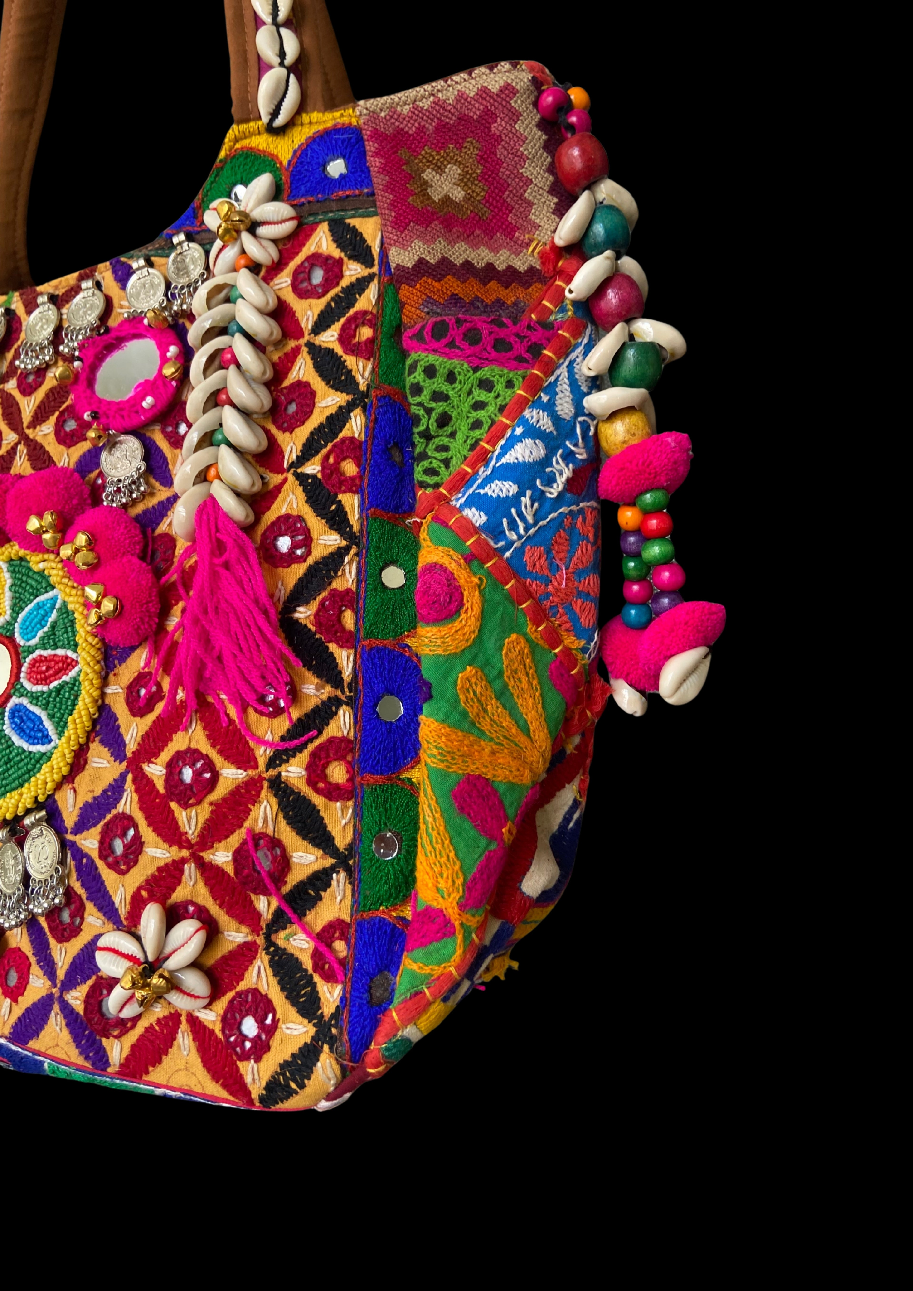 Aaliyah Designer Tote - Coin Tassel and Micro-bead Medallion - Banjara Bags