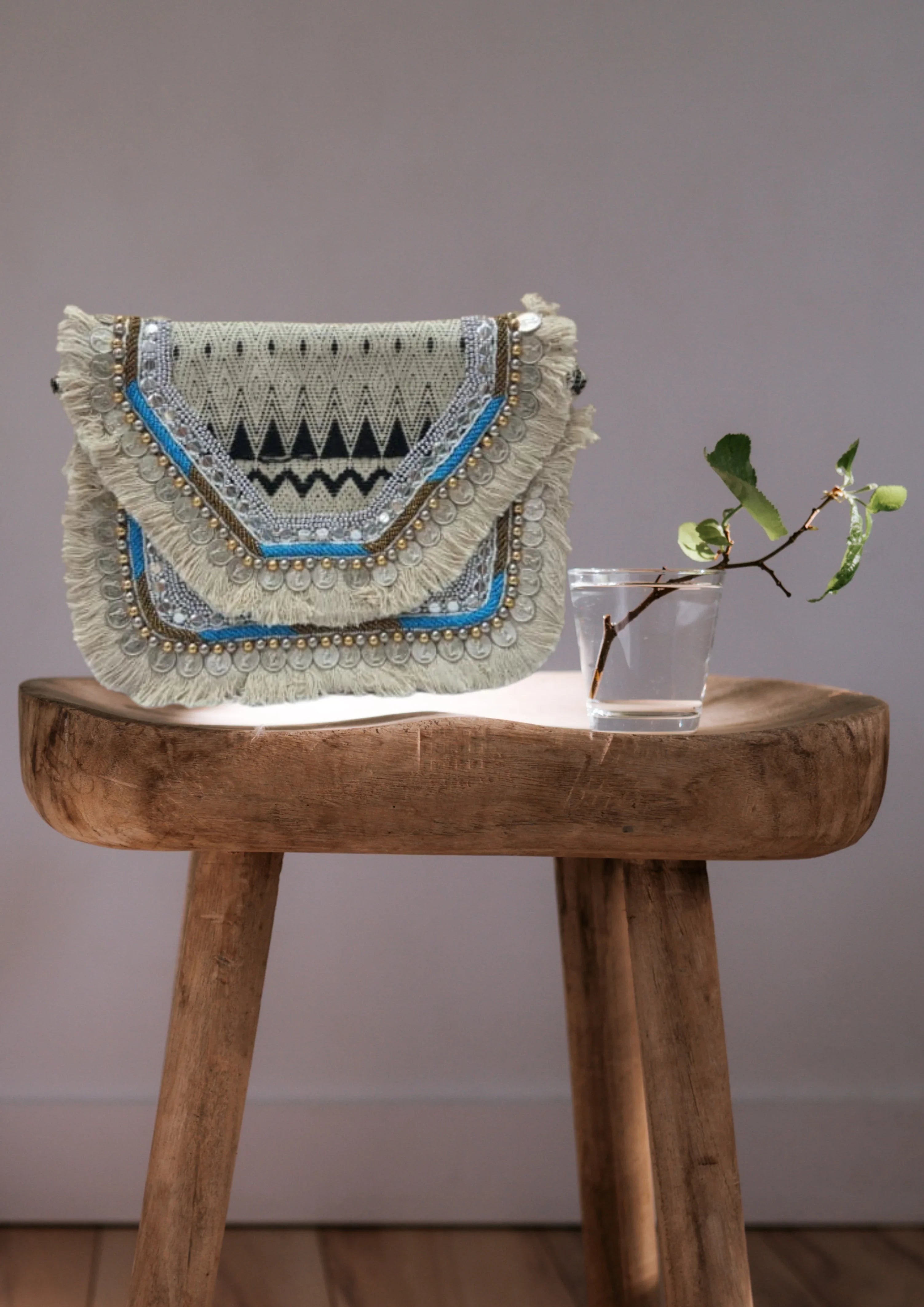 Athira - Cream and Blue - Banjara Bags