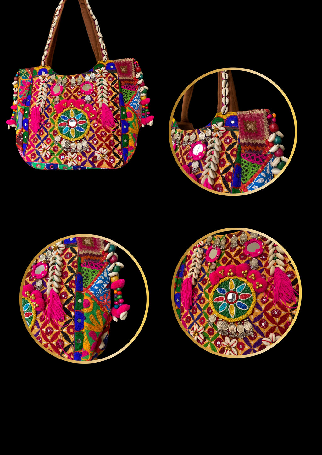 Aaliyah Designer Tote - Coin Tassel and Micro-bead Medallion - Banjara Bags