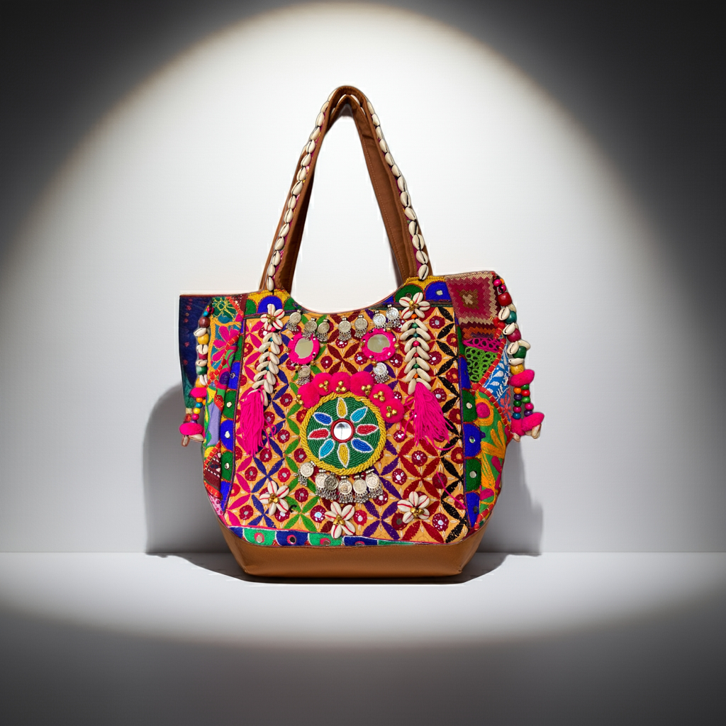 Aaliyah Designer Tote - Coin Tassel and Micro-bead Medallion - Banjara Bags