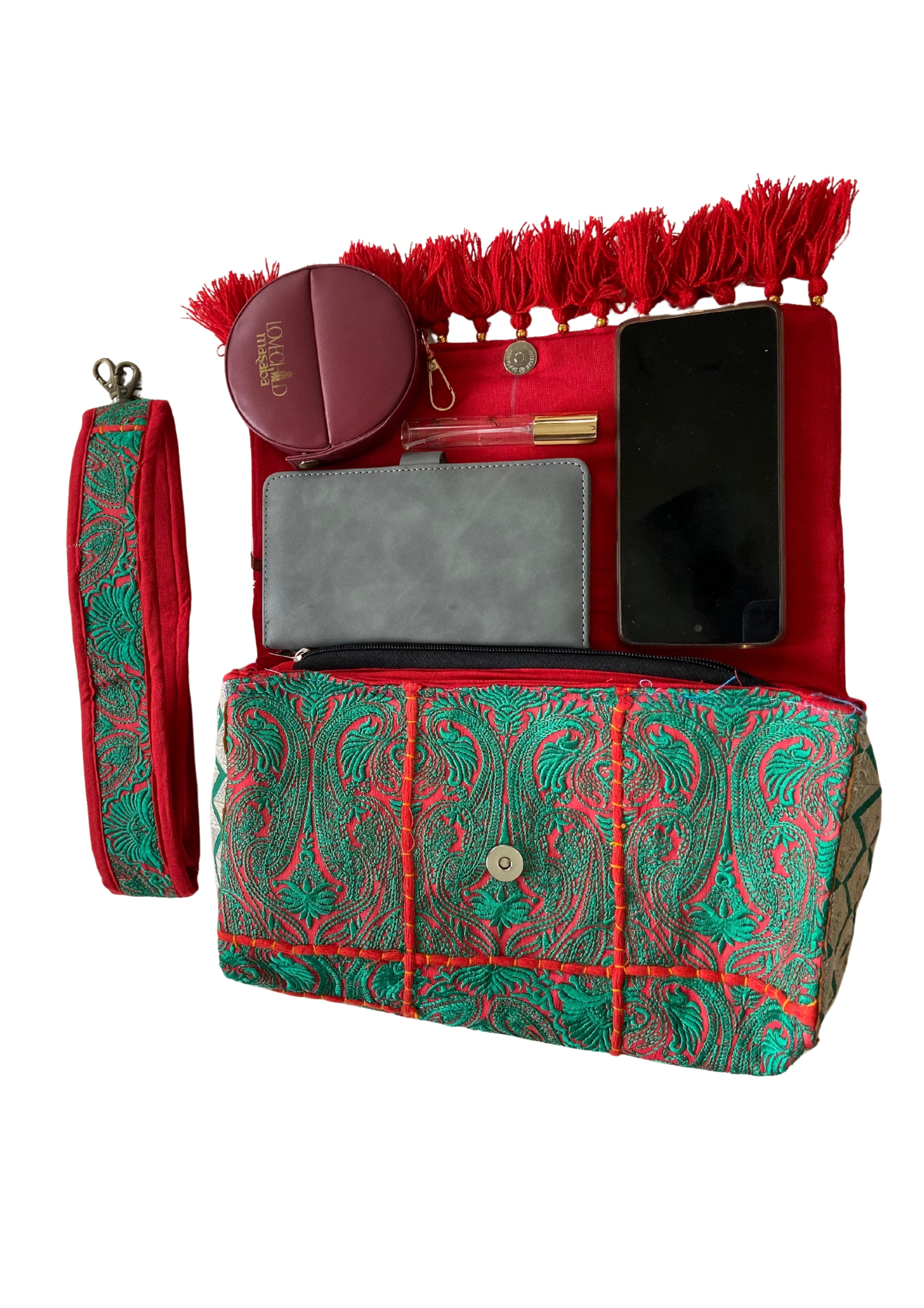 Ruhi - Luxury Handheld in Green and Orange - Banjara Bags