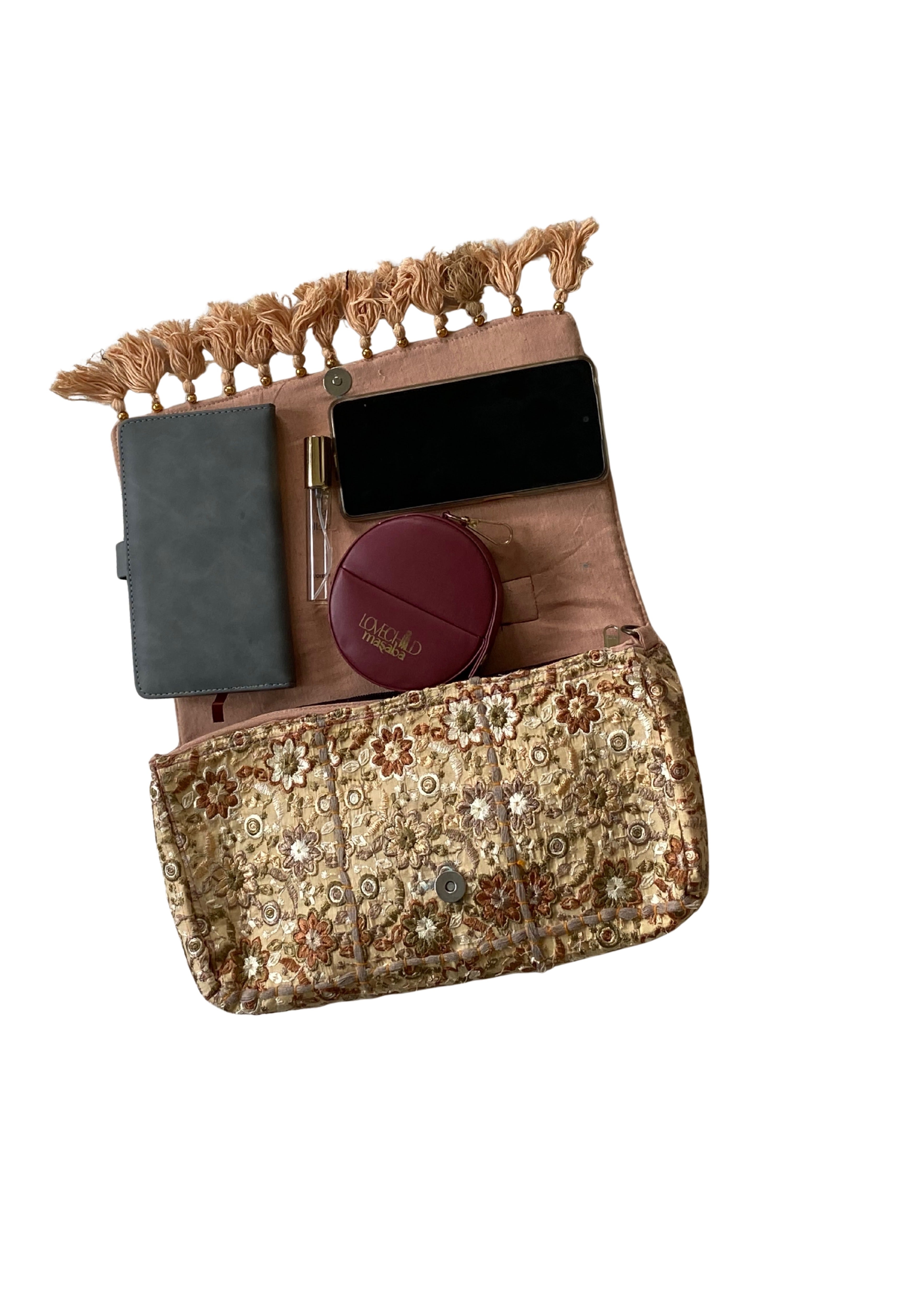 Ruhi - Luxury Handheld in Beige Floral - Banjara Bags