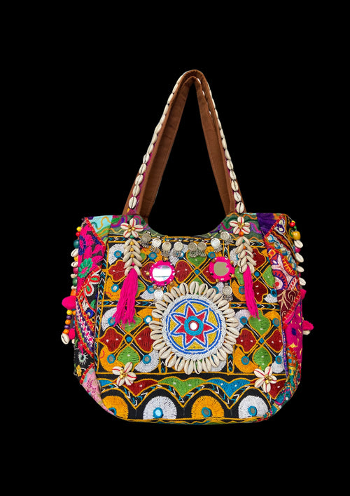 Aaliyah Designer Tote - Cowrie Shell and Micro-bead Medallion - Banjara Bags