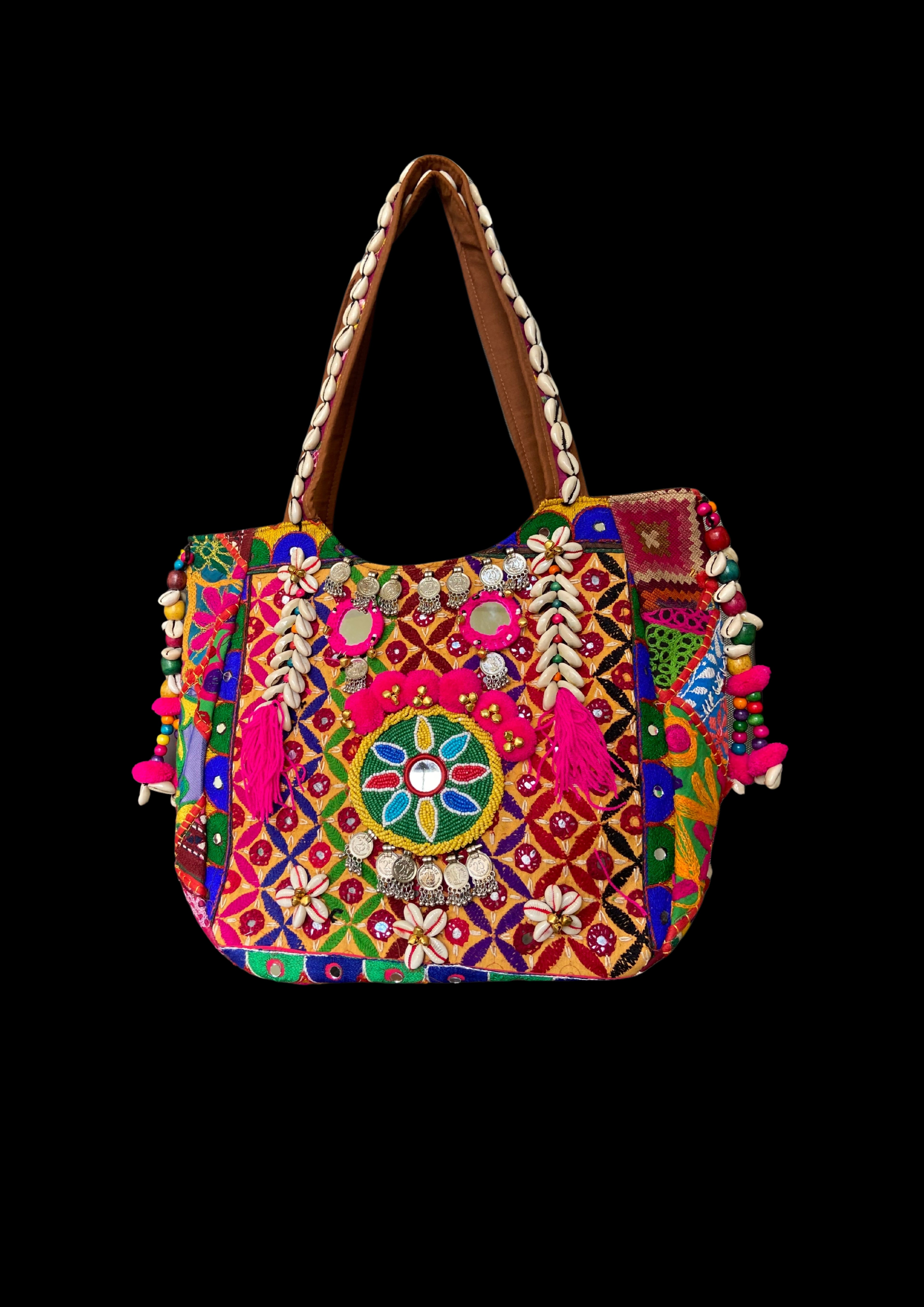 Aaliyah Designer Tote - Coin Tassel and Micro-bead Medallion - Banjara Bags