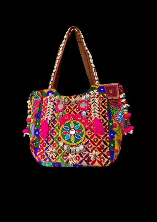 Aaliyah Designer Tote - Coin Tassel and Micro-bead Medallion - Banjara Bags