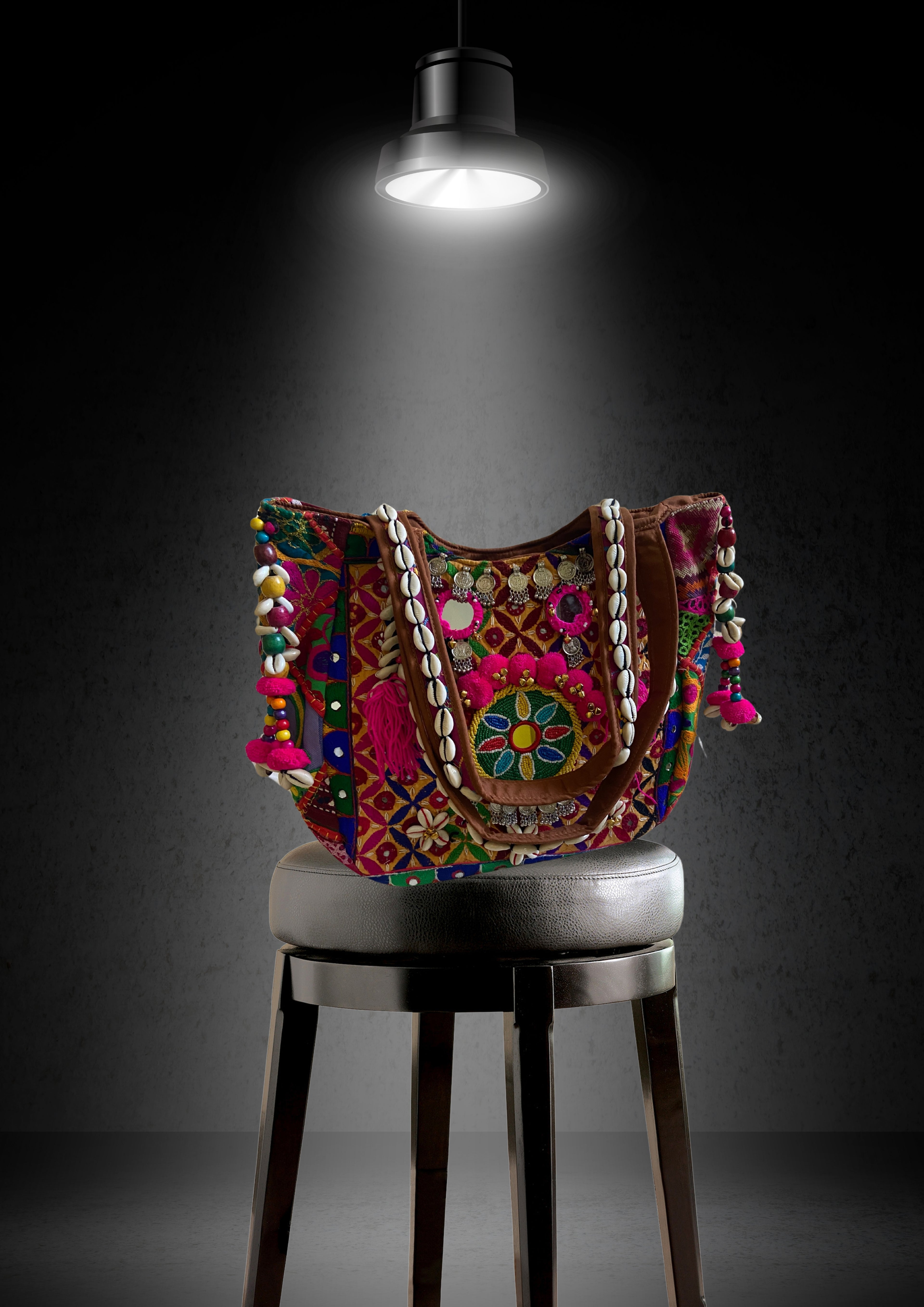 Aaliyah Designer Tote - Coin Tassel and Micro-bead Medallion - Banjara Bags