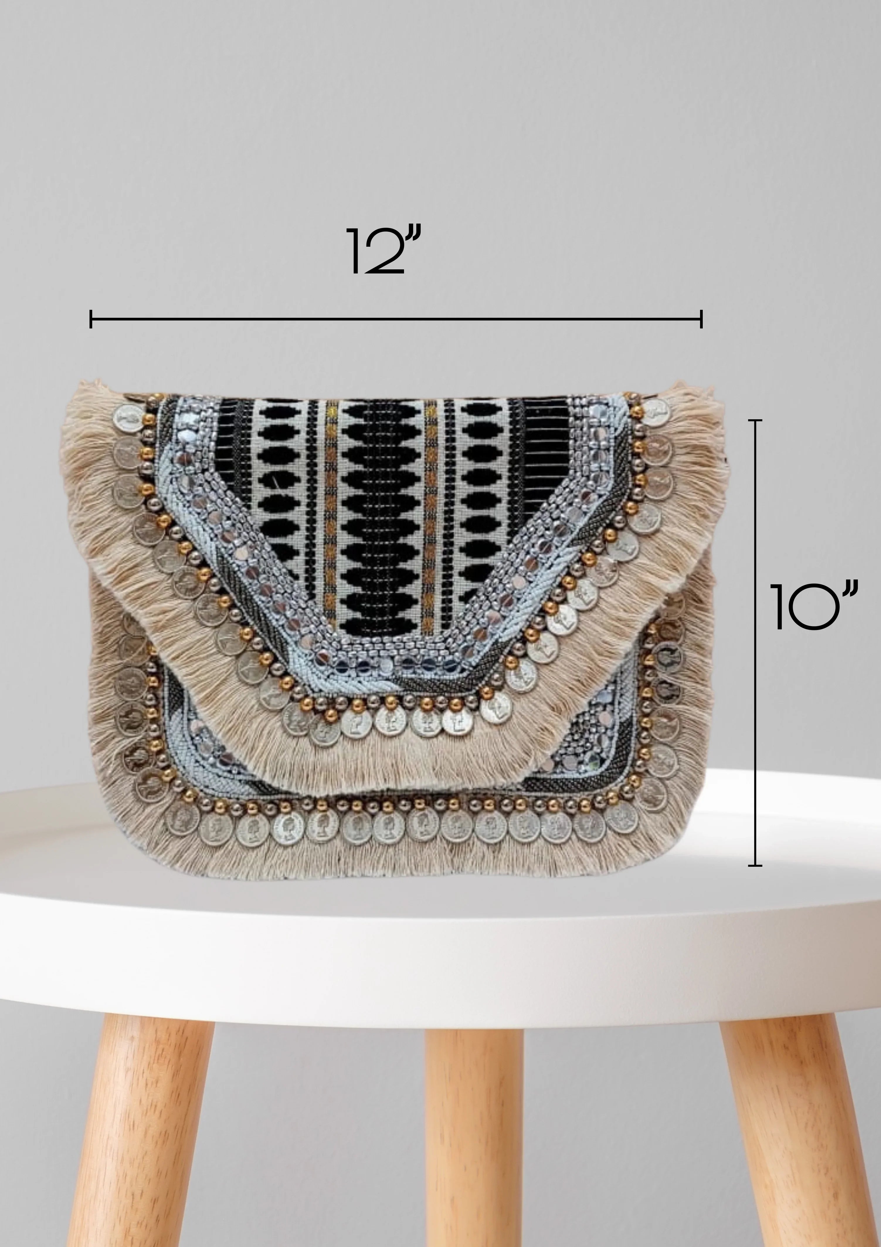 Athira - Monochrome Beige Fringe - Banjara Bags