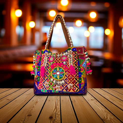 Aaliyah Designer Tote - Coin Tassel and Micro-bead Medallion - Banjara Bags