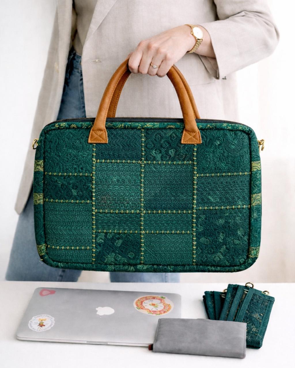 Shree -  Emerald Green Handcrafted Banjara  Laptop Bag XL 1.5