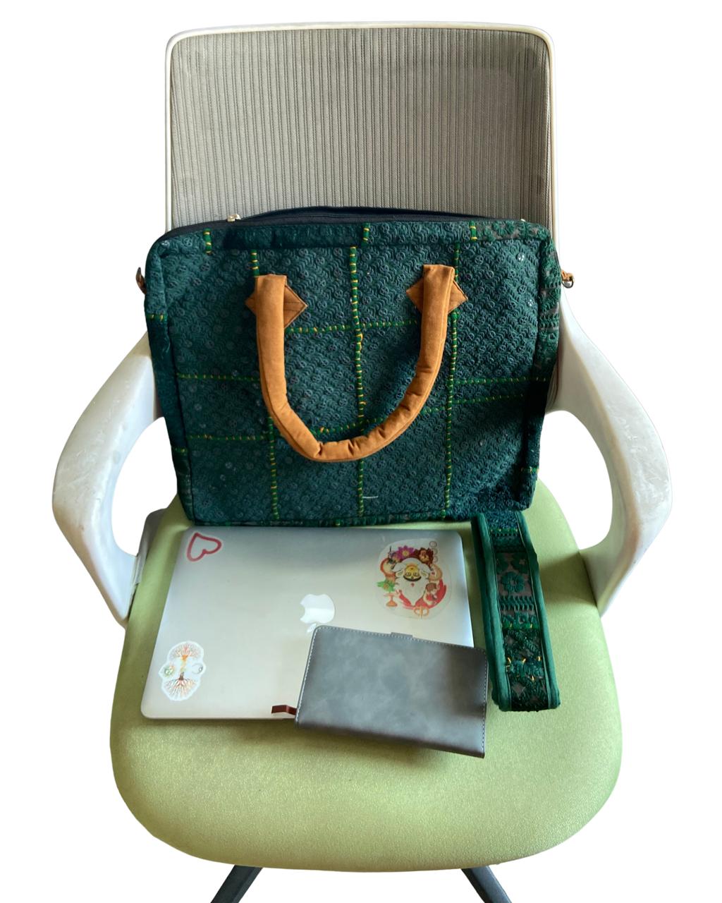 Shree -  Emerald Green Handcrafted Banjara  Laptop Bag XL 1.5